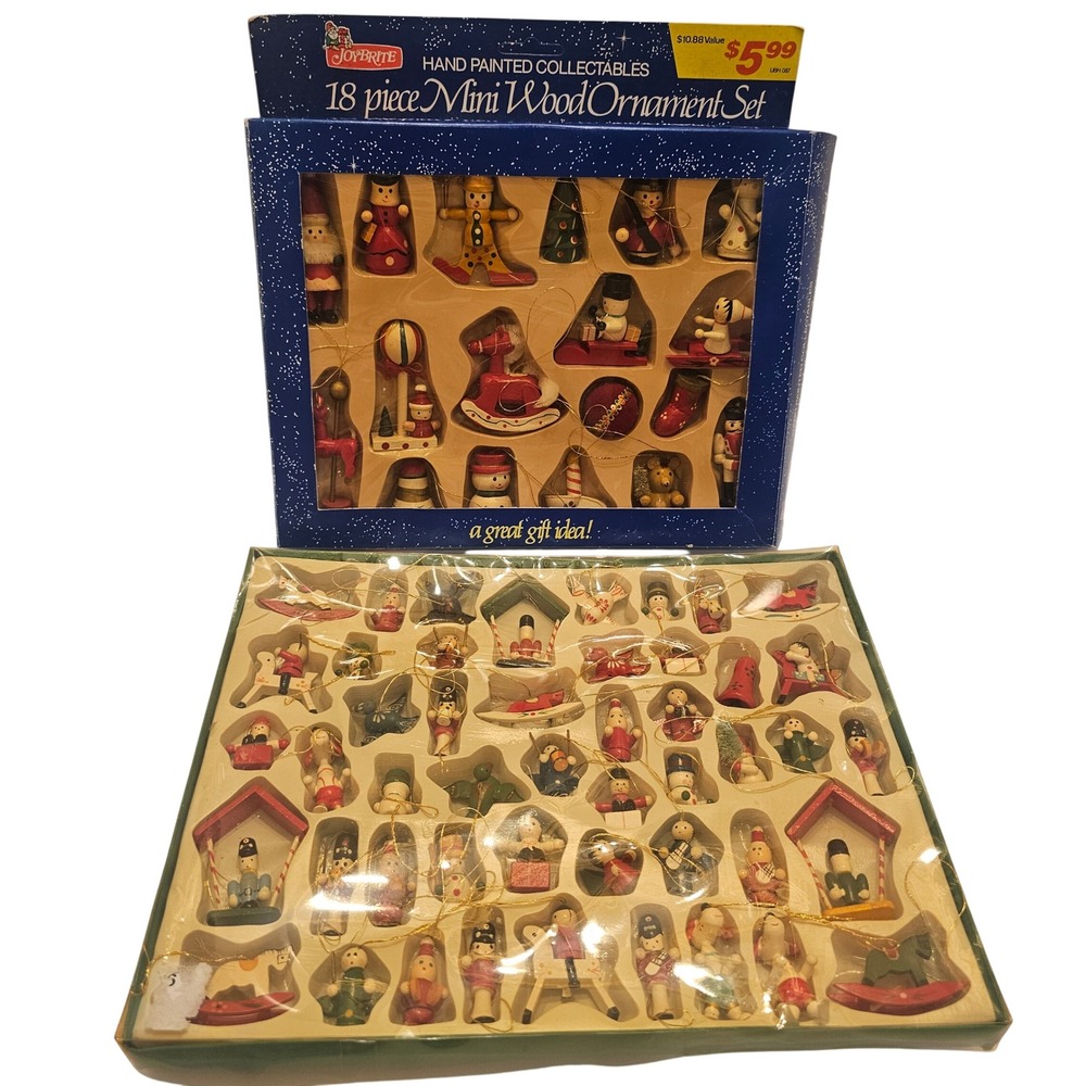 Vintage Joybrite Hand Painted Wood Mini Christmas Ornament Set of 68 Lot NOS